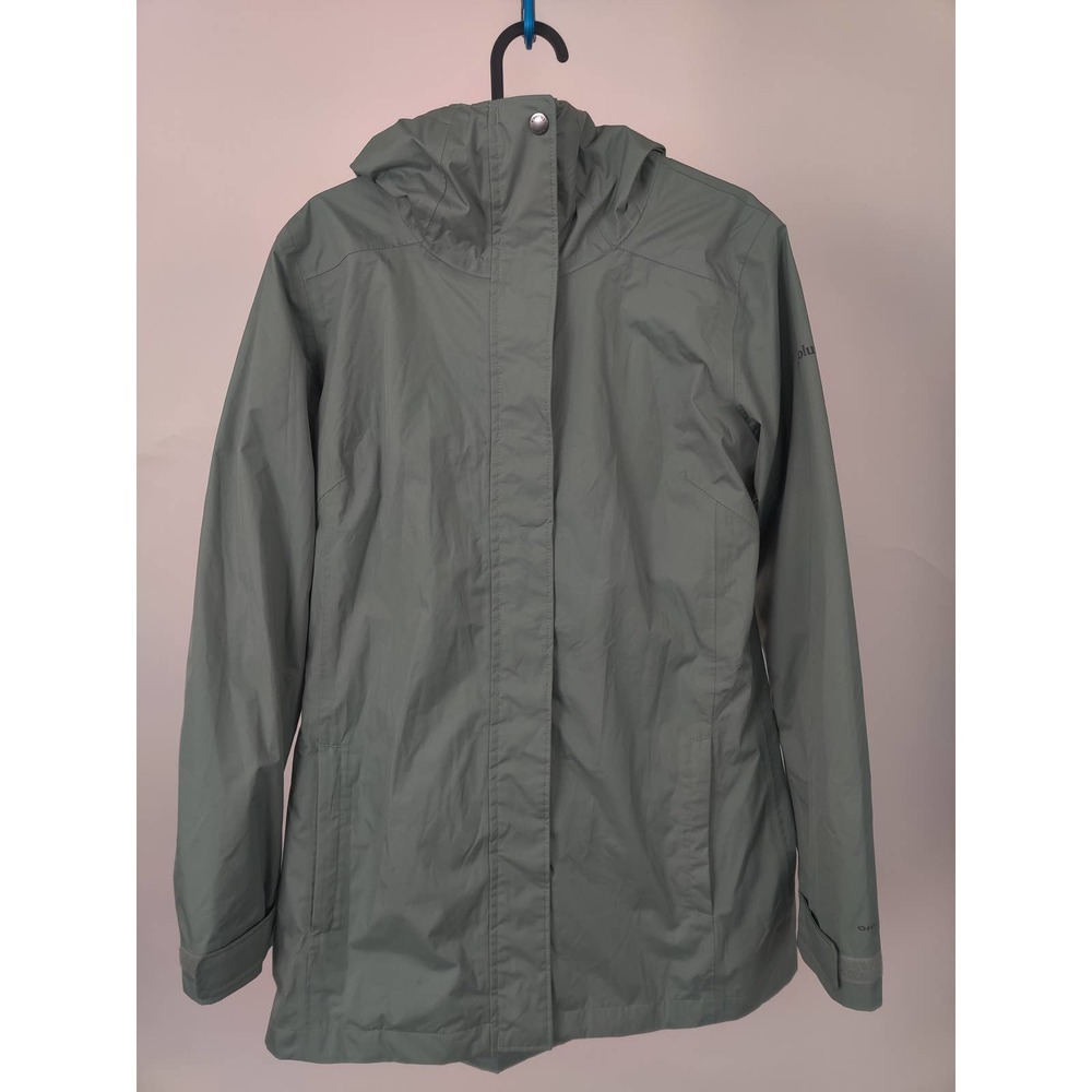 (V) Columbia Women long jacket hiking waterproof hoodie green omni-tech sz M